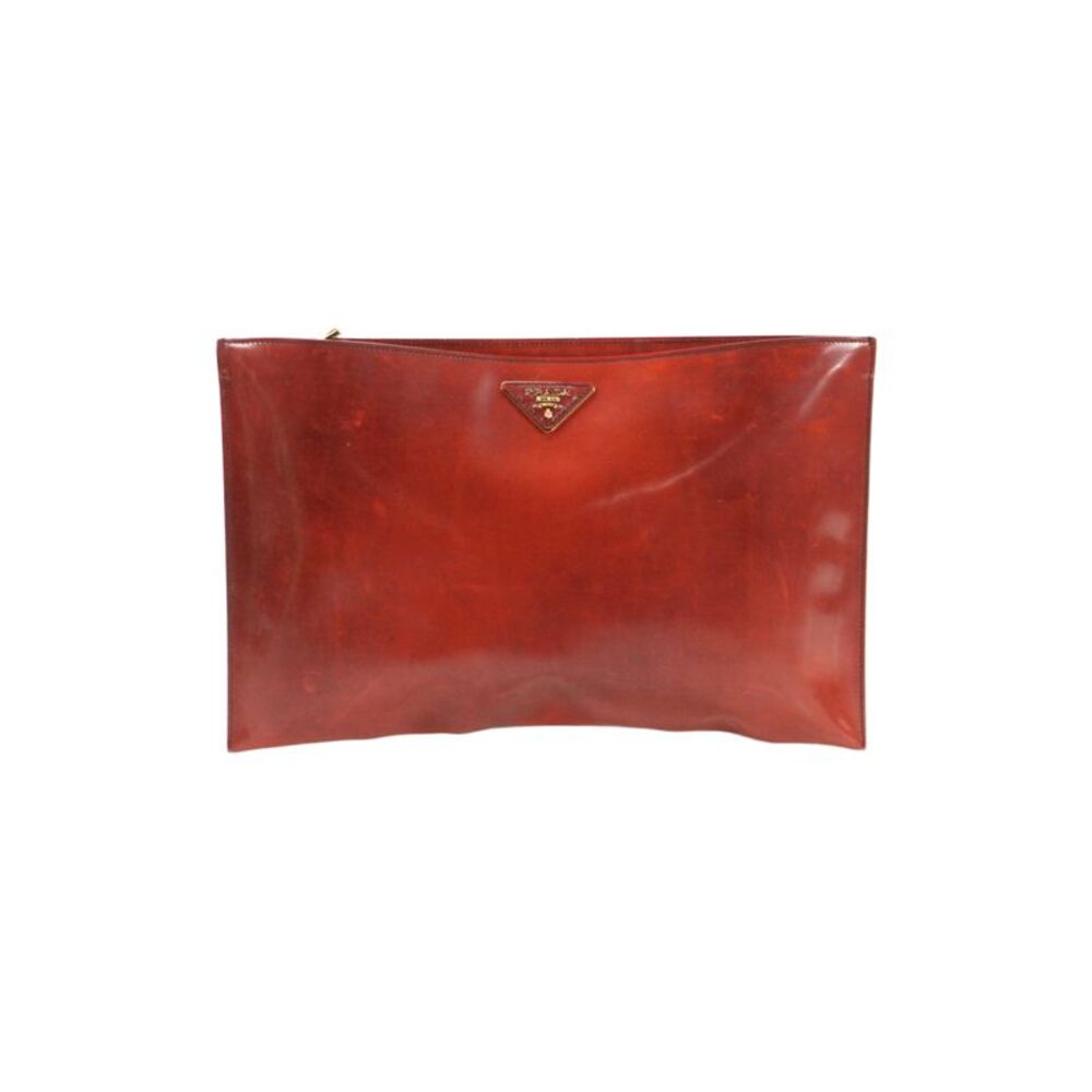 Prada Womens Leather Zipped Logo Accent Clutch Handbag Red